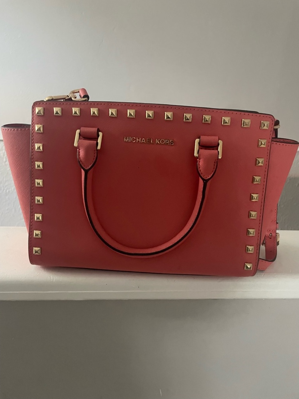 Michael Kors Coral Pink Studded Satchel with Gold Hardware